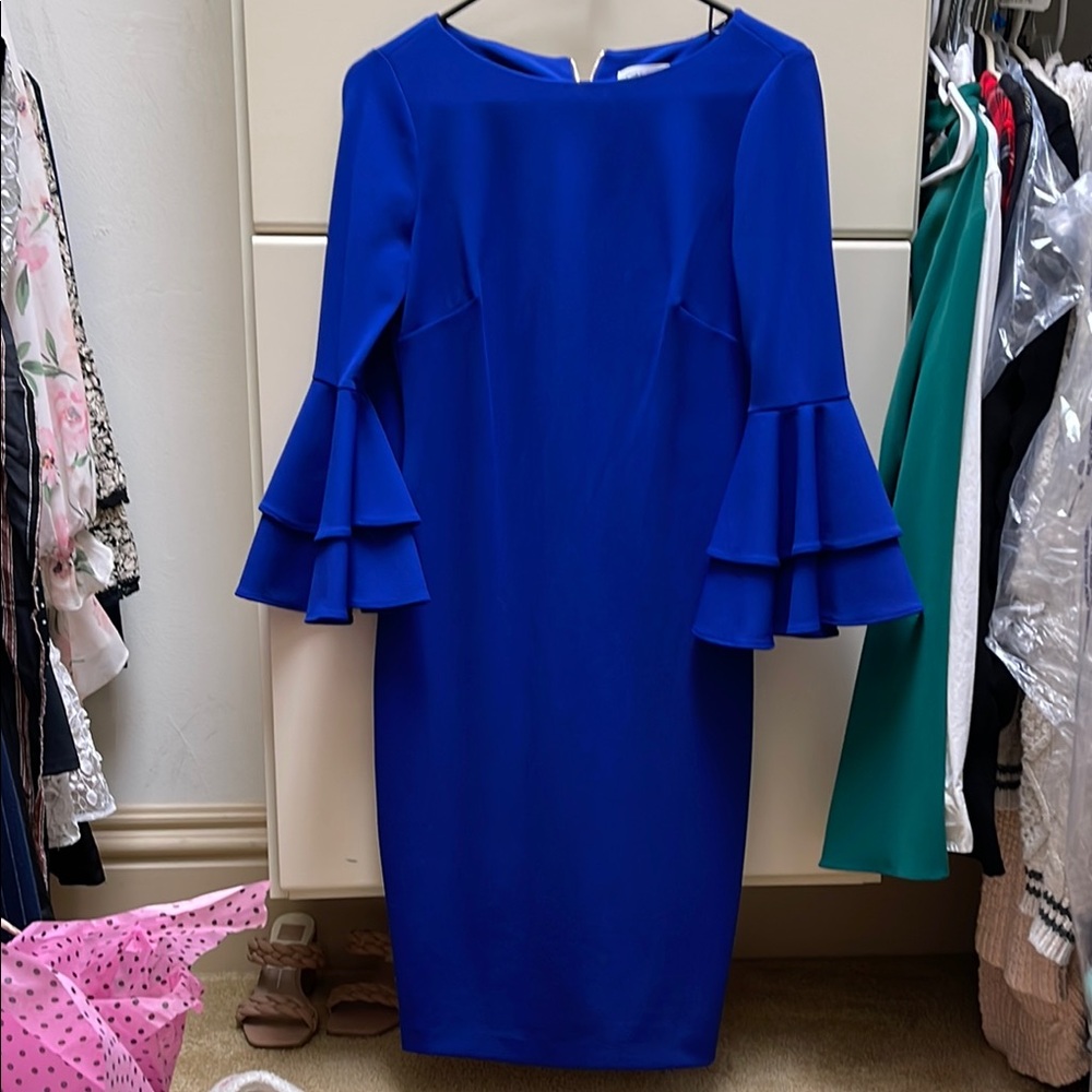 Elegant Blue Ruffle Sleeve Dress